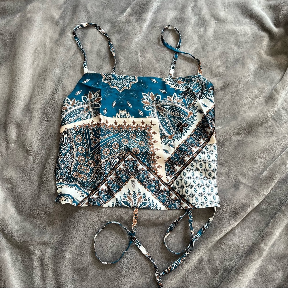 Shein teal Bandana print satin backless top size S